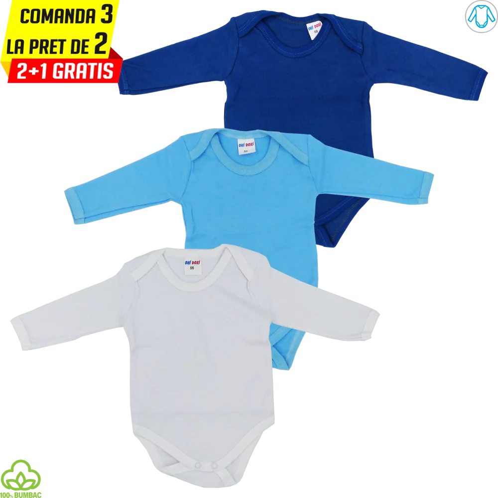 Body bebelusi din bumbac, 3 bucati, albastru bleumarin alb, 0-9 luni