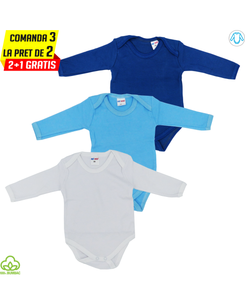 Body bebelusi din bumbac, 3 bucati, albastru bleumarin alb, 0-9 luni