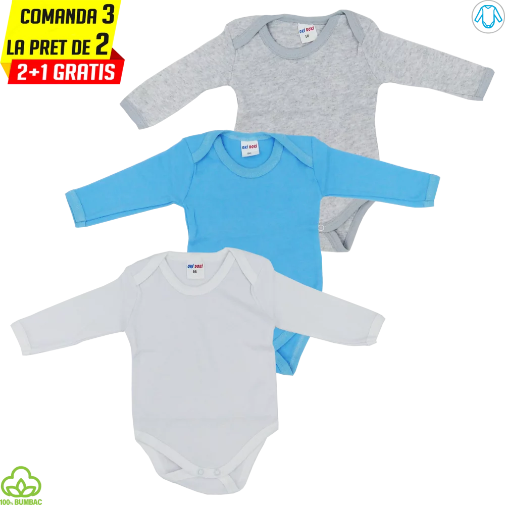Body bebelusi din bumbac, 3 bucati, albastru gri alb, 0-9 luni