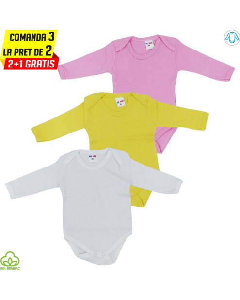 Body bebelusi din bumbac, 3 bucati, roz galben alb, 0-9 luni