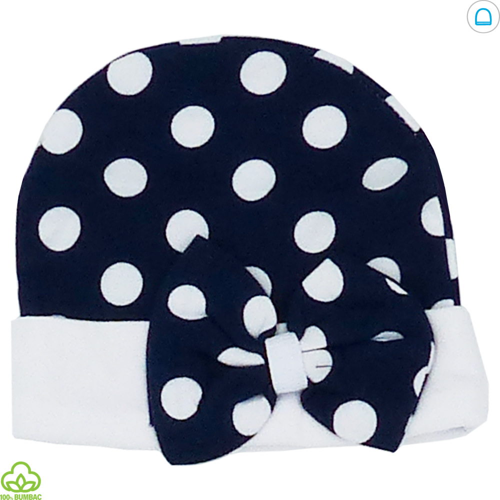 Caciulita bebelusi din bumbac, alb-albastru, cu fundita, 0-9 luni