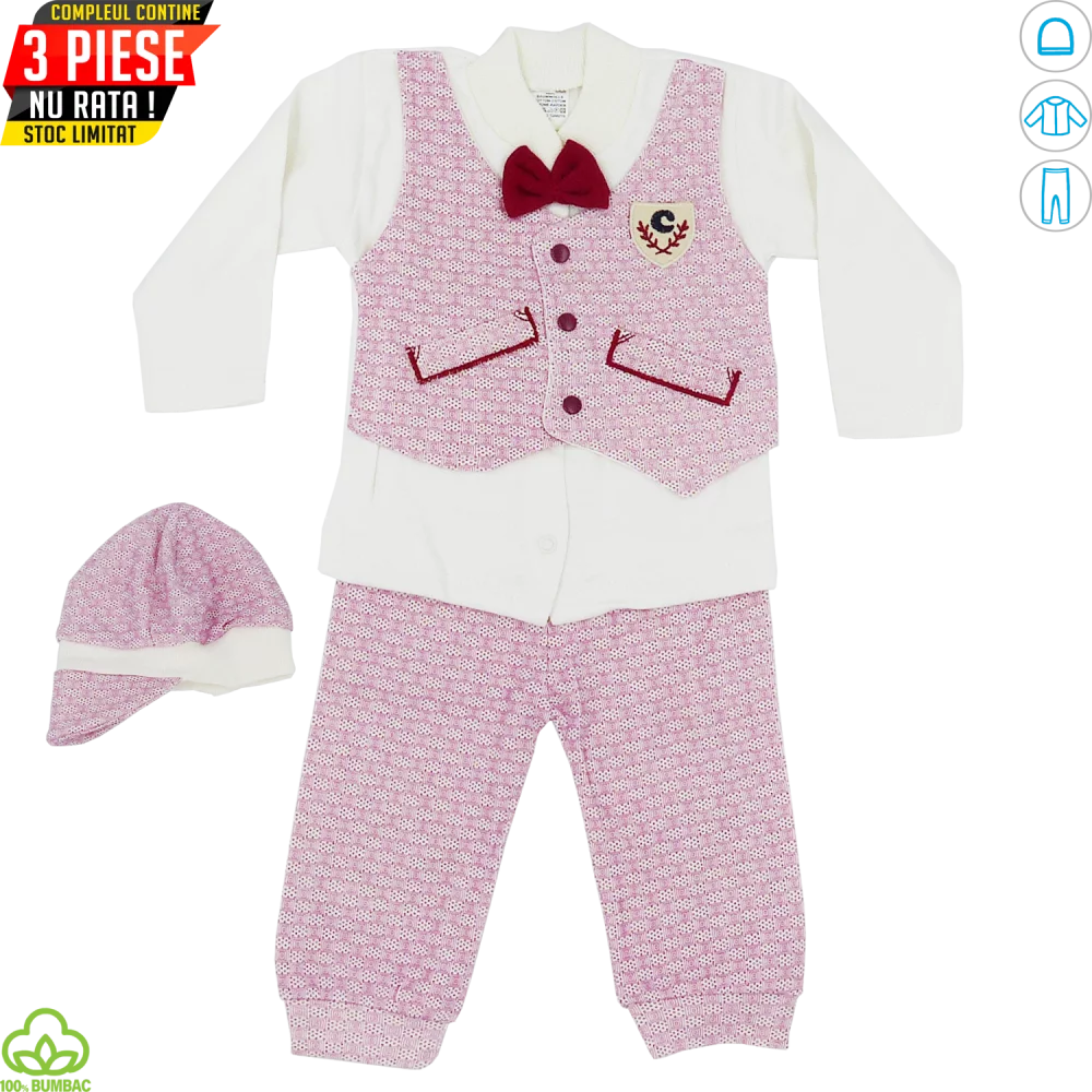 Compleu bebelusi din bumbac, 3 piese, alb-visiniu, papion, 0-6 luni
