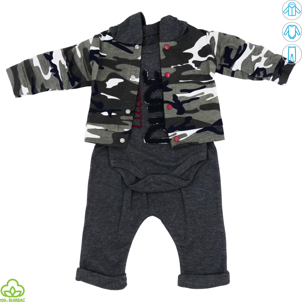 Compleu bebelusi din bumbac, 3 piese, army-gri, little dude, 0-9 luni
