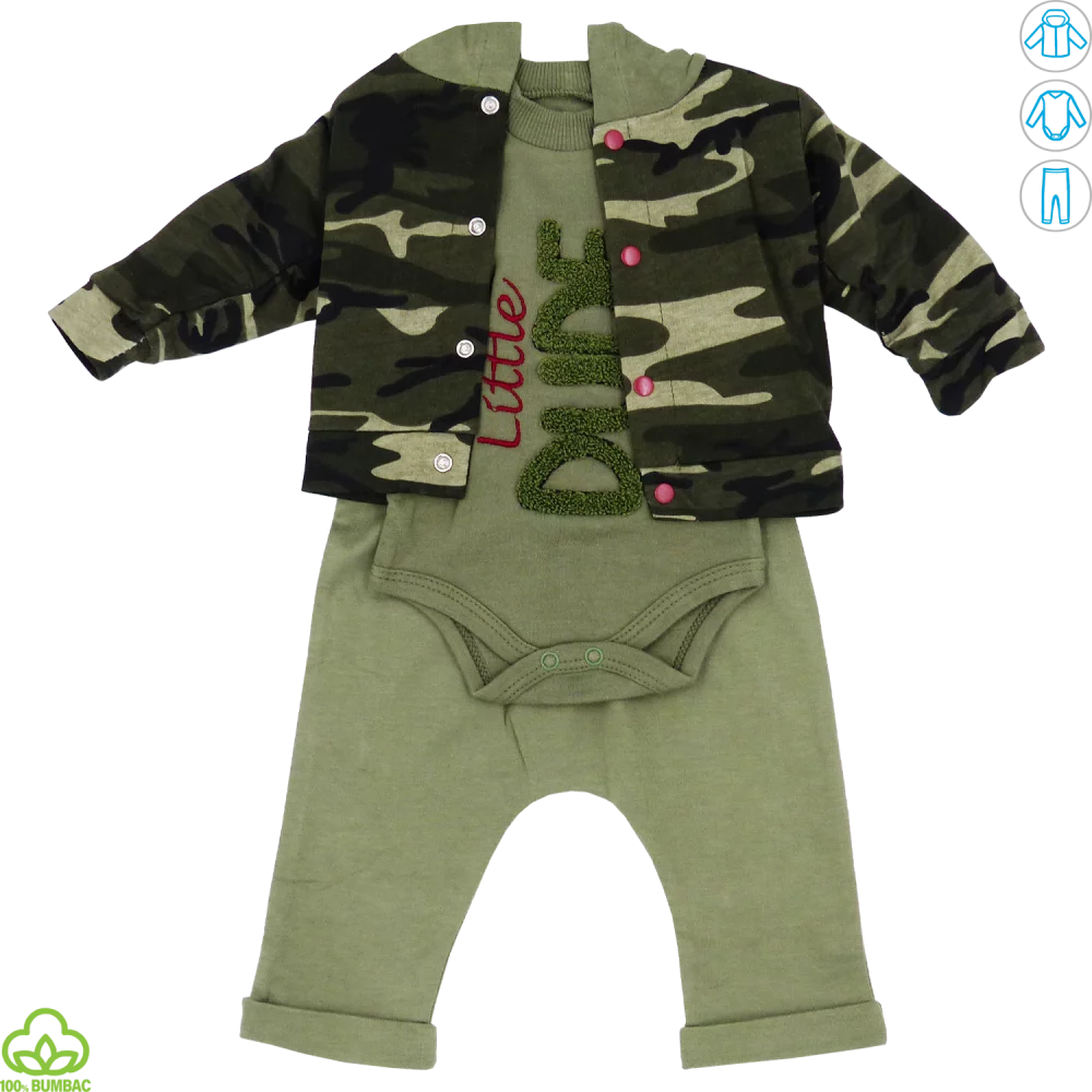 Compleu bebelusi din bumbac, 3 piese, army, little dude, 0-9 luni