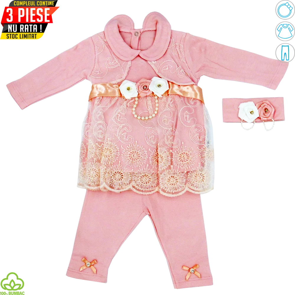 Compleu bebelusi din bumbac, 3 piese, corai, dantela si floricele, 0-6 luni Compleu bebelusi din bumbac, 3 piese, corai, dantela si floricele, 0-6 luni