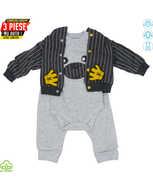 Compleu bebelusi din bumbac, 3 piese, gri, ursulet, 0-6 luni