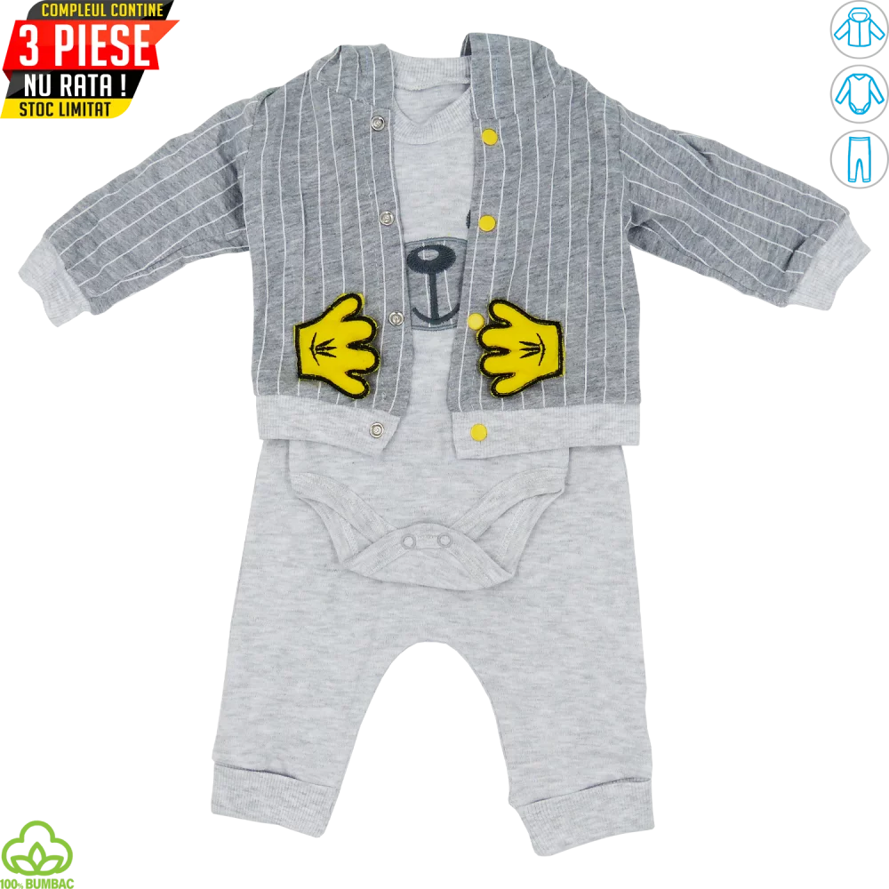 Compleu bebelusi din bumbac, 3 piese, gri, ursulet, 0-6 luni Compleu bebelusi din bumbac, 3 piese, gri, ursulet, 0-6 luni