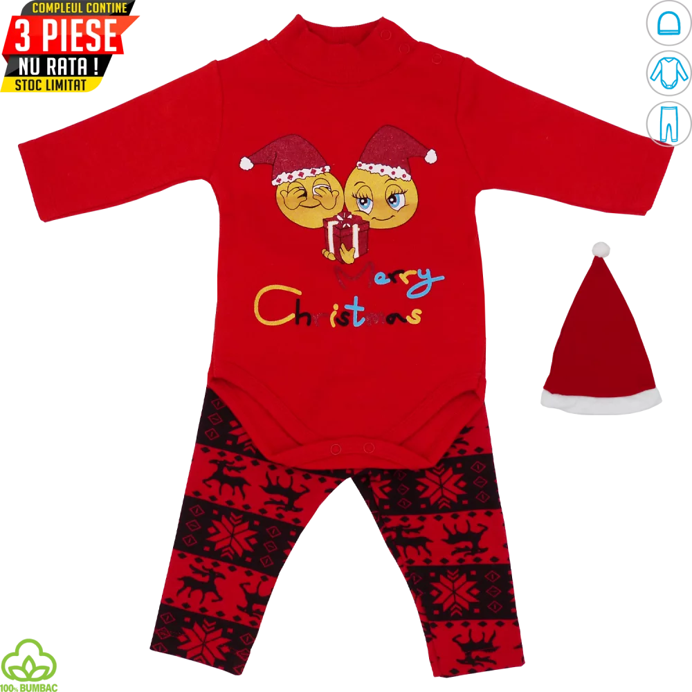 Compleu bebelusi din bumbac, 3 piese, rosu-negru, Merry Christmas, 0-12 luni