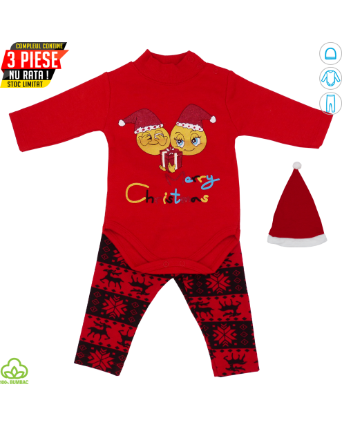 Compleu bebelusi din bumbac, 3 piese, rosu-negru, Merry Christmas, 0-12 luni