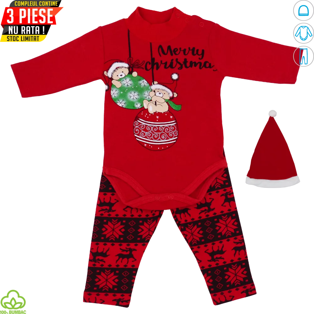 Compleu bebelusi din bumbac, 3 piese, rosu-negru, Merry Christmas, 0-12 luni