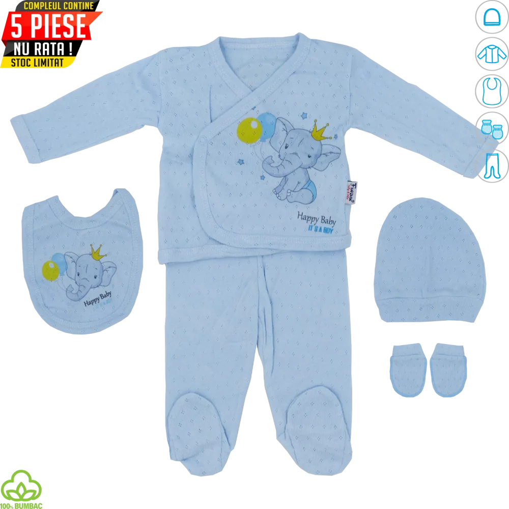 Compleu bebelusi din bumbac, 5 piese, albastru, elefantel, 0-3 luni