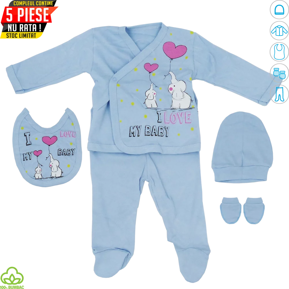 Compleu bebelusi din bumbac, 5 piese, albastru, elefanti, 0-3 luni
