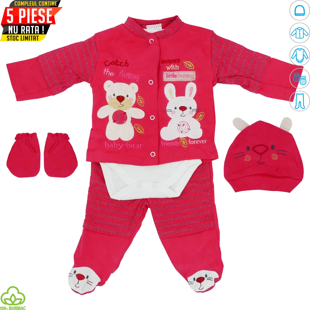 Compleu bebelusi din bumbac, 5 piese, rosu, ursulet si iepuras, 0-6 luni