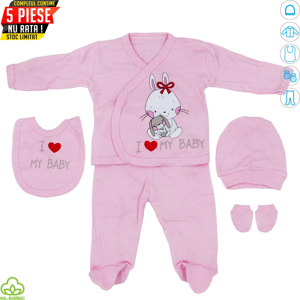 Compleu bebelusi din bumbac, 5 piese, roz, iepuras, 0-3 luni