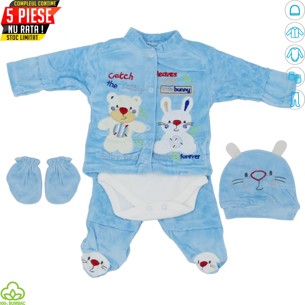 Compleu bebelusi din bumbac si catifea, 5 piese, alb-albastru, 0-6 luni