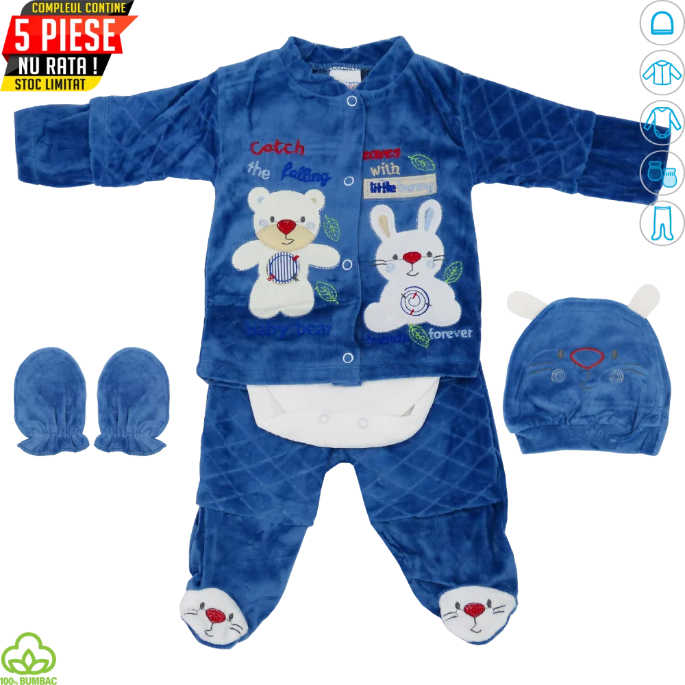 Compleu bebelusi din bumbac si catifea, 5 piese, alb-bleumarin, 0-6 luni