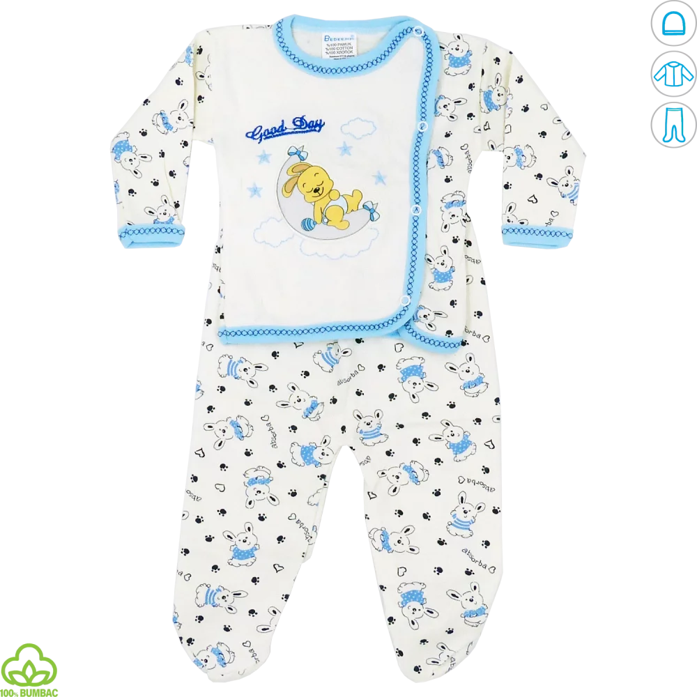 Pijama bebelusi din bumbac, alb-albastru, iepuras, 0-9 luni Pijama bebelusi din bumbac, alb-albastru, iepuras, 0-9 luni