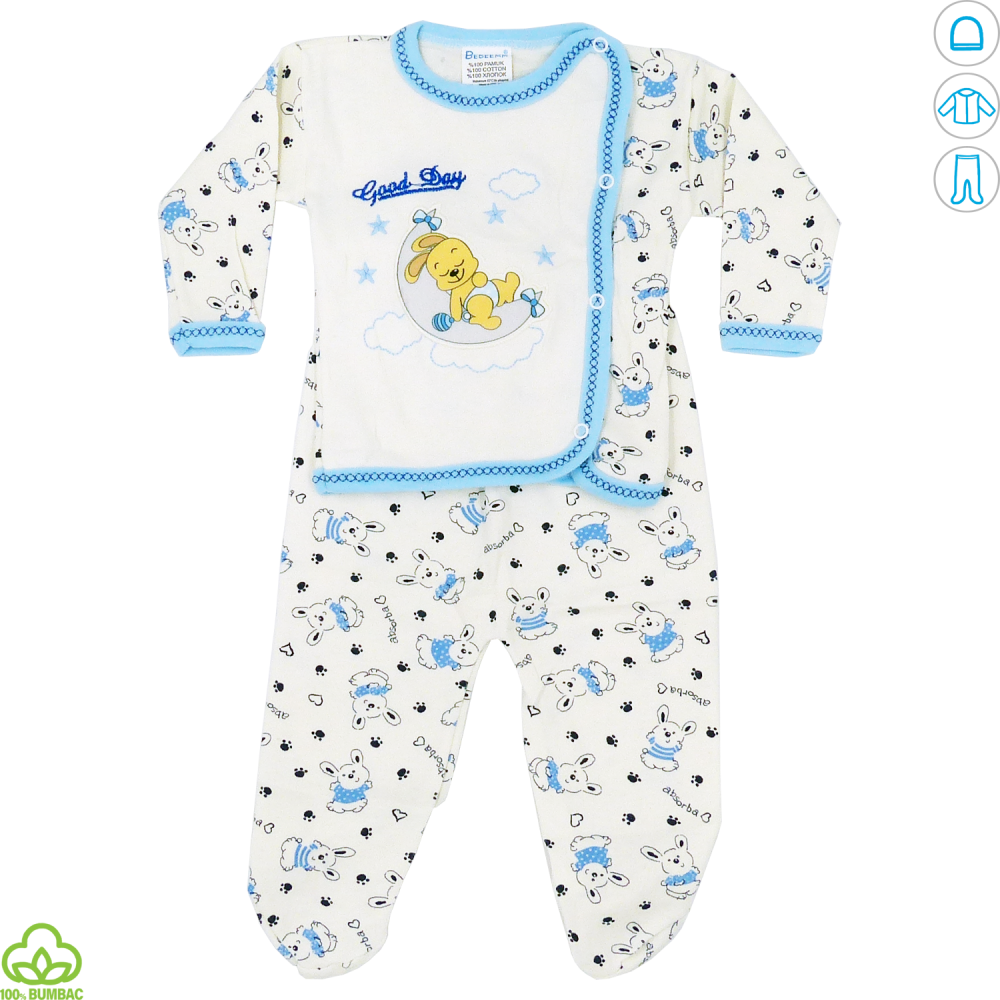 Pijama bebelusi din bumbac, alb-albastru, iepuras, 0-9 luni