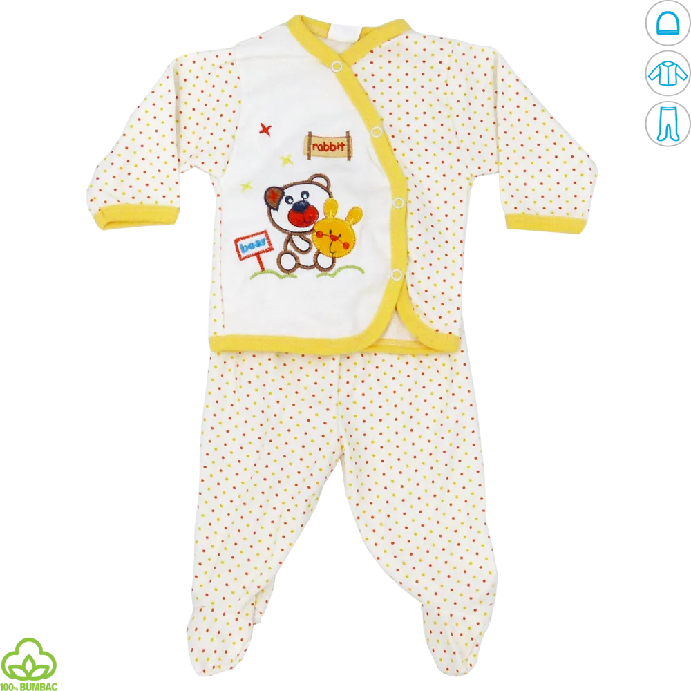 Pijama bebelusi din bumbac, alb-galben, iepuras, 0-9 luni