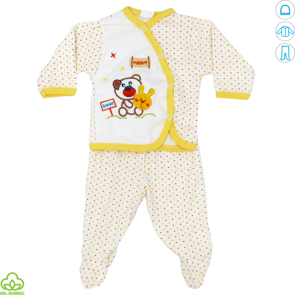 Pijama bebelusi din bumbac, alb-galben, iepuras, 0-9 luni
