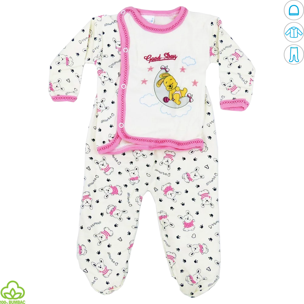 Pijama bebelusi din bumbac, alb-roz, iepuras, 0-9 luni