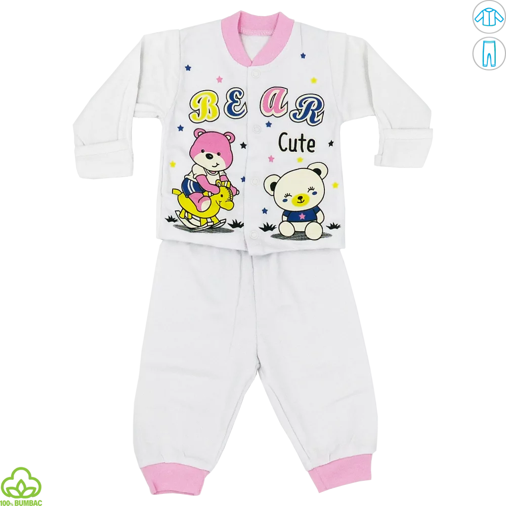 Pijama bebelusi din bumbac, alb-roz, ursuleti, 0-9 luni Pijama bebelusi din bumbac, alb-roz, ursuleti, 0-9 luni