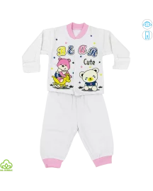 Pijama bebelusi din bumbac, alb-roz, ursuleti, 0-9 luni