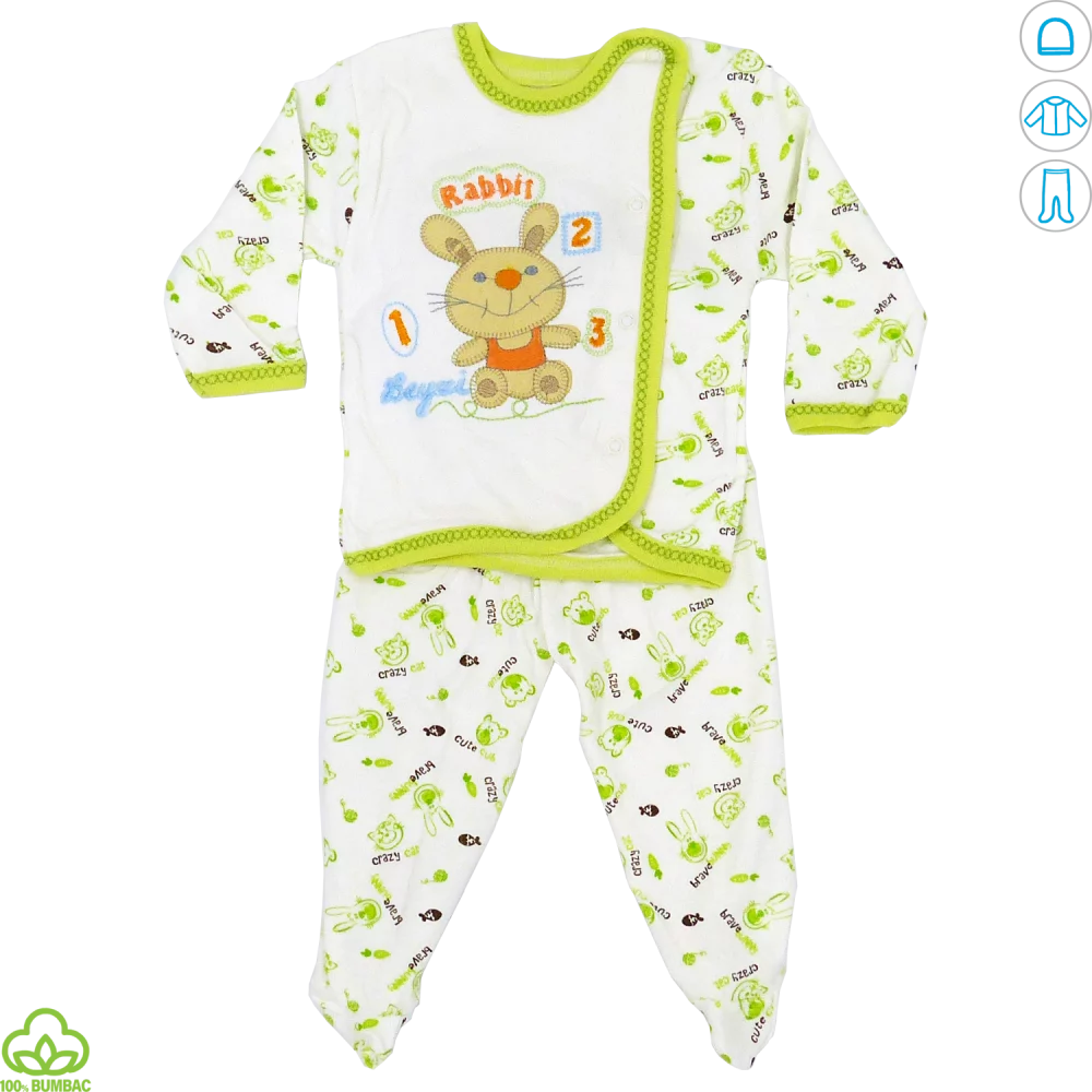 Pijama bebelusi din bumbac, alb-verde, iepuras, 0-9 luni Pijama bebelusi din bumbac, alb-verde, iepuras, 0-9 luni
