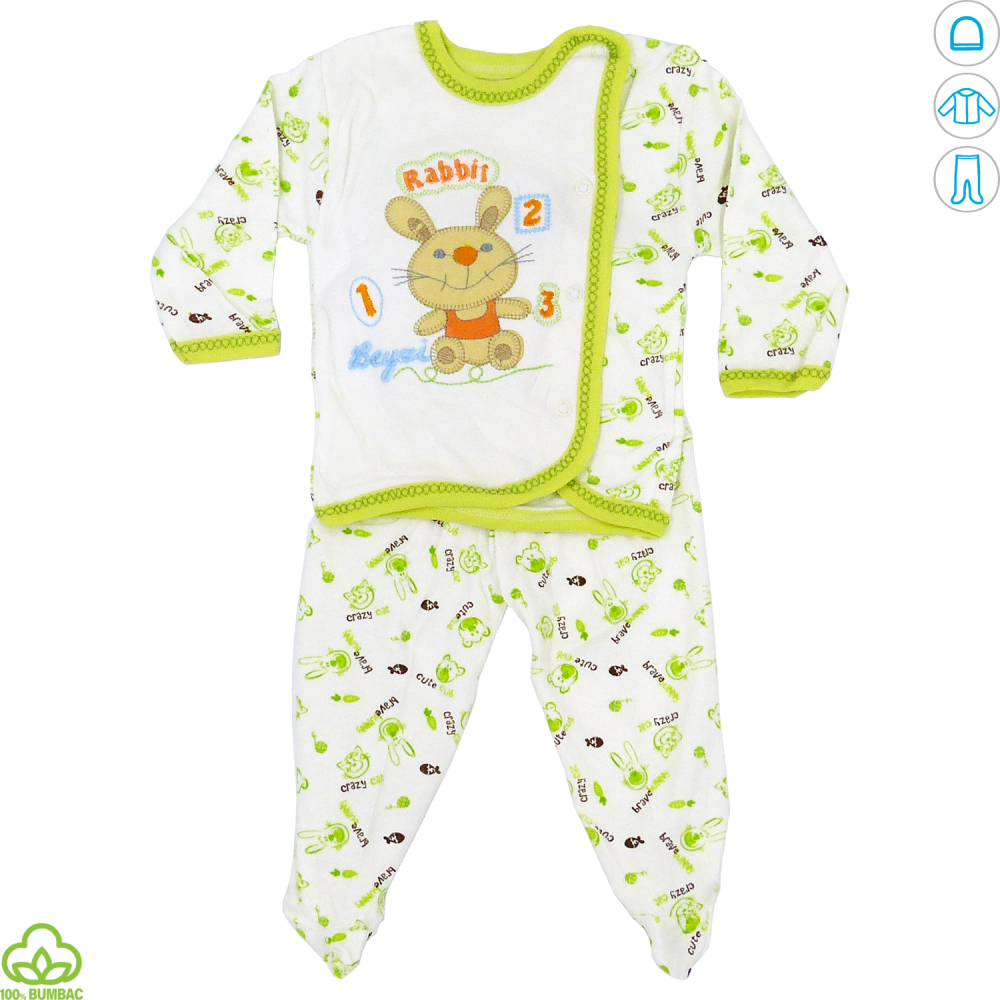 Pijama bebelusi din bumbac, alb-verde, iepuras, 0-9 luni