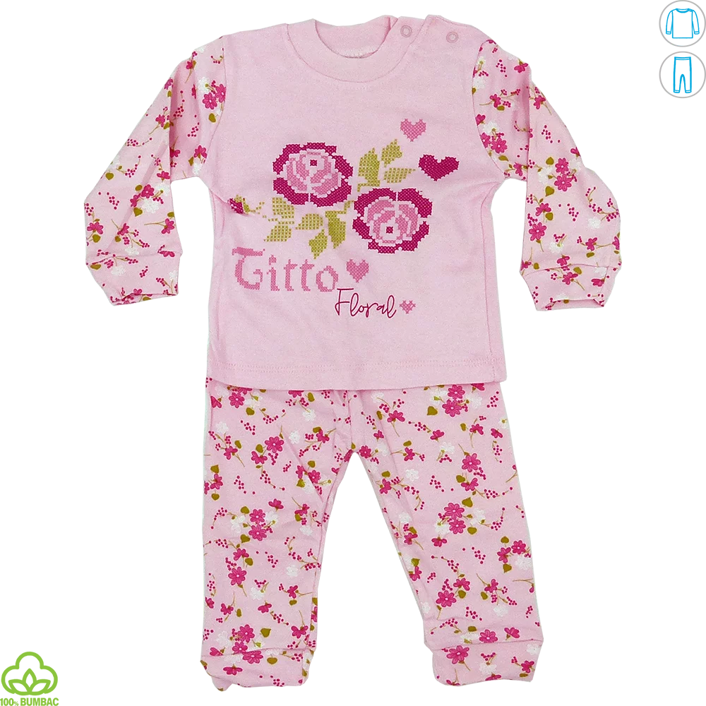 Pijama bebelusi din bumbac, roz, floral, 0-18 luni