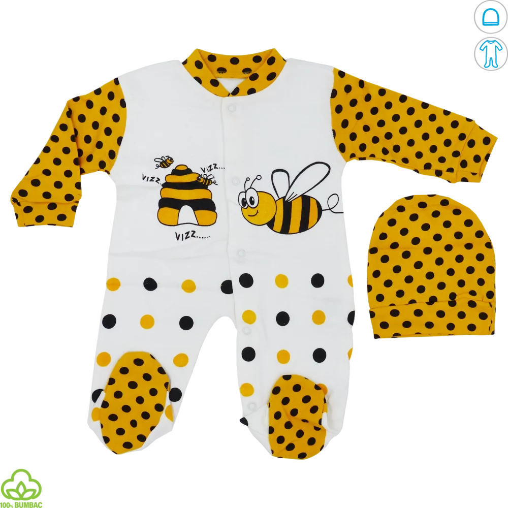 Salopeta bebelusi din bumbac, alb-galben, albinute, 0-9 luni