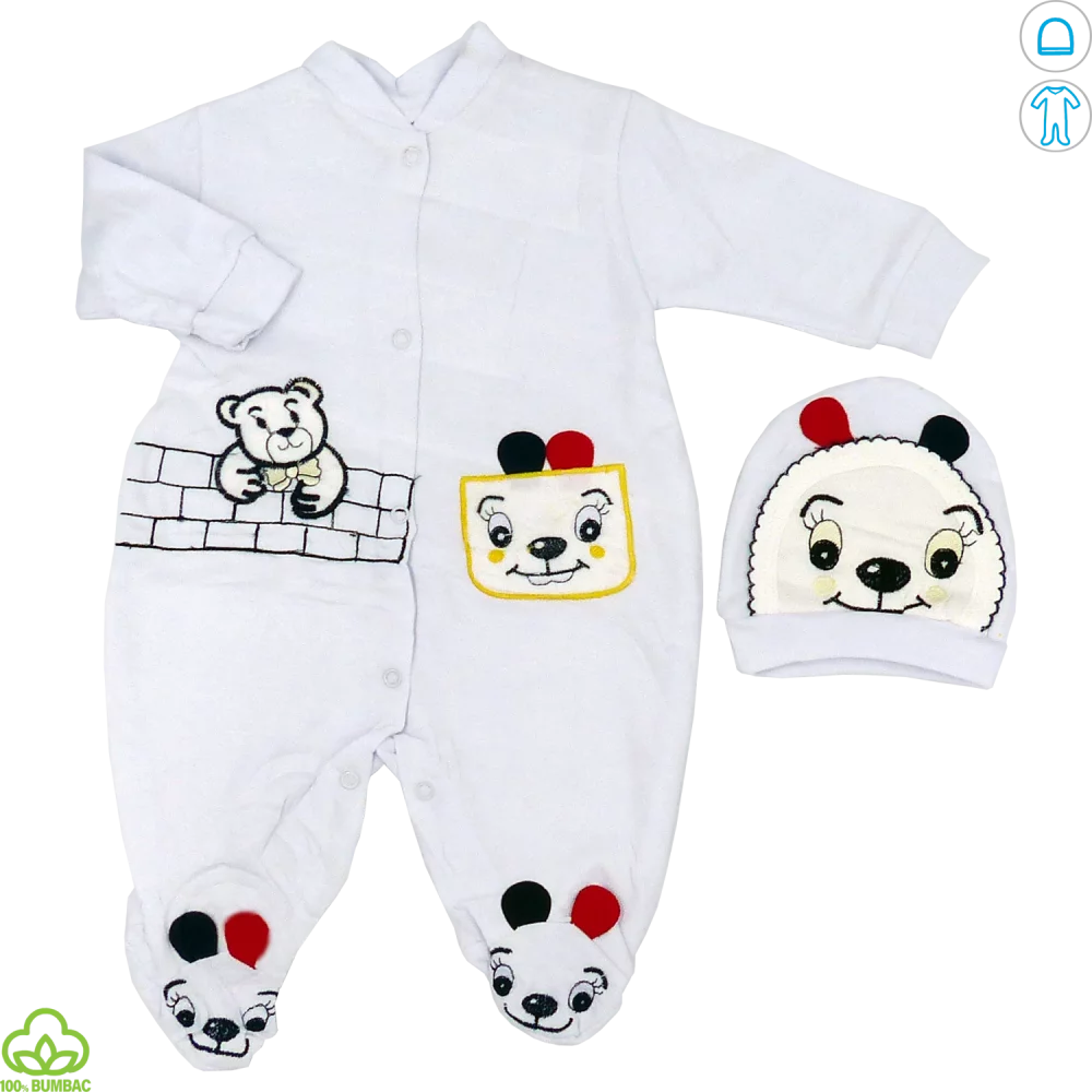 Salopeta bebelusi din bumbac, alb, ursulet, 0-9 luni