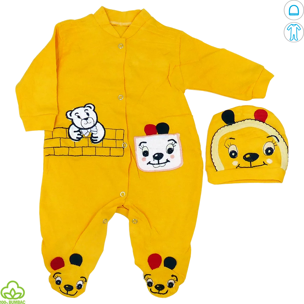 Salopeta bebelusi din bumbac, galben, ursulet, 0-9 luni