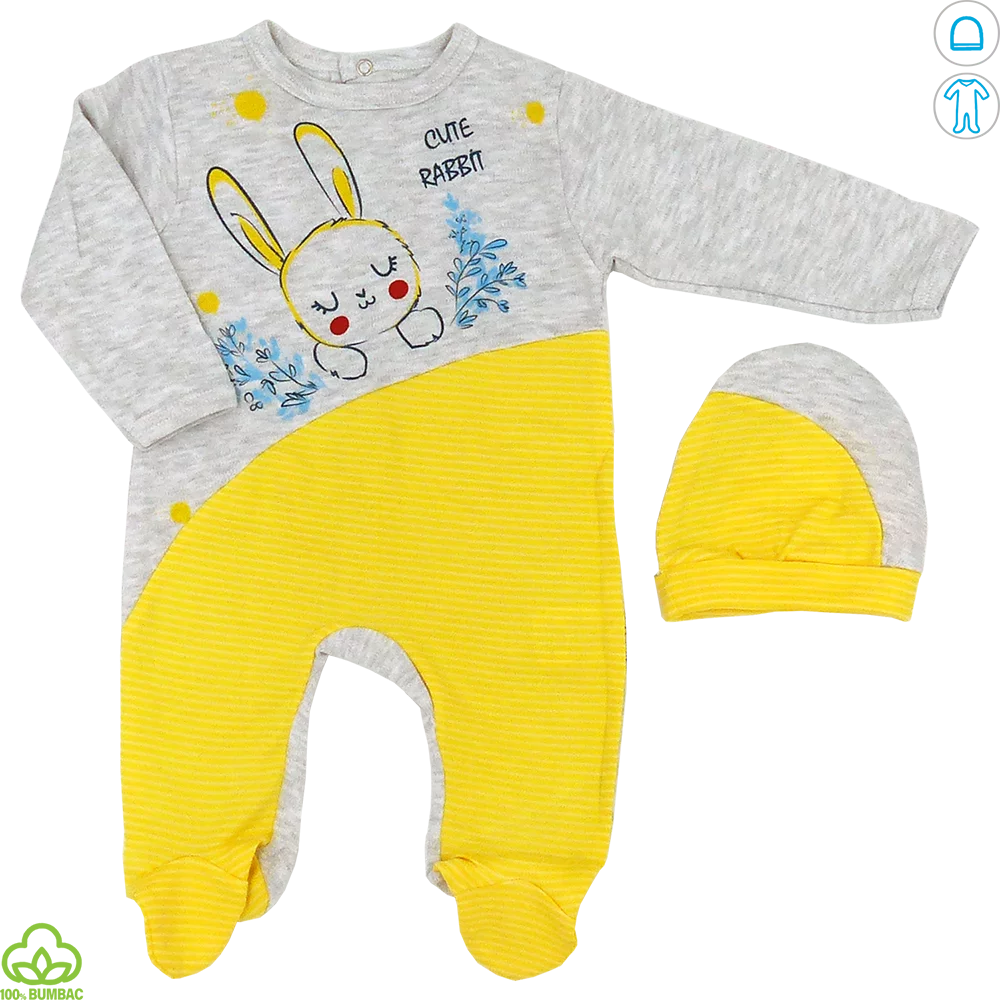 Salopeta bebelusi din bumbac, gri-galben, iepuras, 0-9 luni