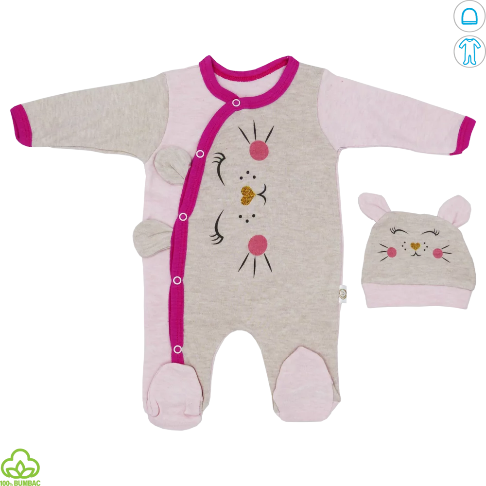 Salopeta bebelusi din bumbac, roz-gri, pisicuta, 0-3 luni