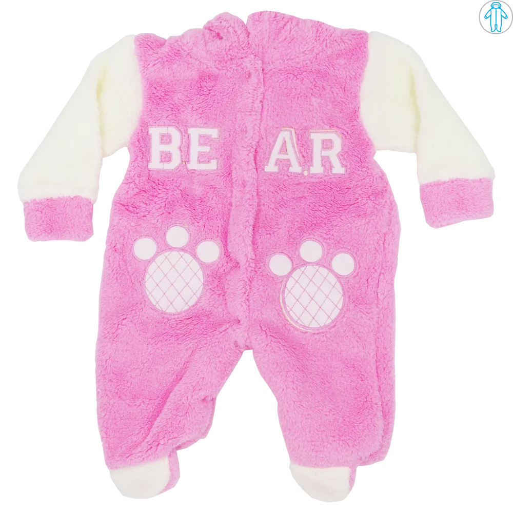 Salopeta bebelusi din cocolino, cu gluga, roz-alb, bear, 0-6 luni