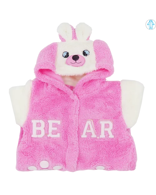 Salopeta bebelusi din cocolino, cu gluga, roz-alb, bear, 0-6 luni
