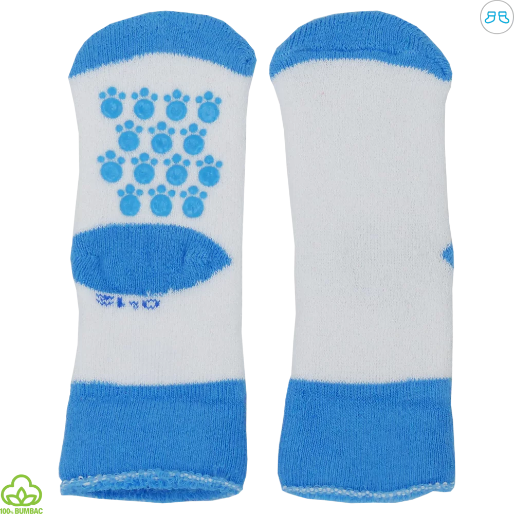Sosete flausate bebelusi din bumbac, antiderapante, alb-albastru, 0-12 luni Sosete flausate bebelusi din bumbac, antiderapante, alb-albastru, 0-12 luni