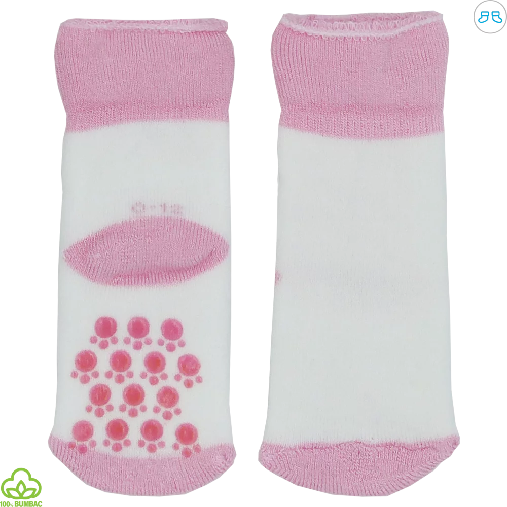 Sosete flausate bebelusi din bumbac, antiderapante, alb-roz, 0-12 luni
