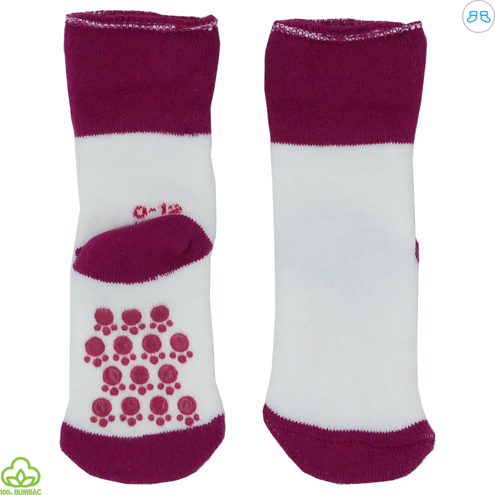 Sosete flausate bebelusi din bumbac, antiderapante, alb-visiniu, 0-12 luni Sosete flausate bebelusi din bumbac, antiderapante, alb-visiniu, 0-12 luni